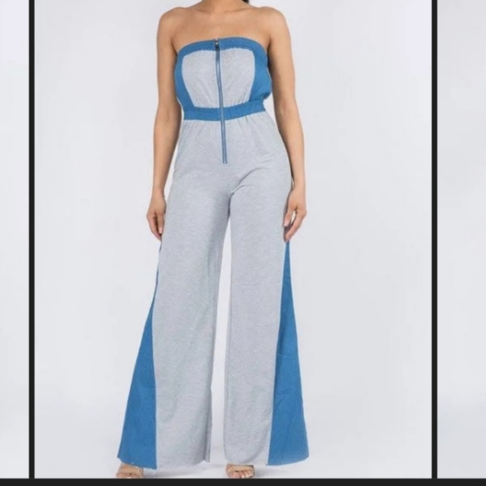 Kaylee Kollection Women's Colorblock Blue and Gray Strapless Jumpsuit Size S